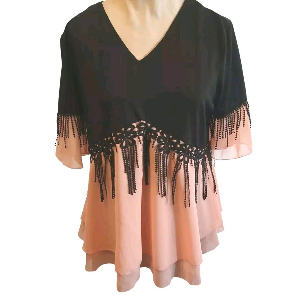 Chiffon Summer Top Blouse Sz L Peach Black Waterfall Beads 3/4 Flowy Party